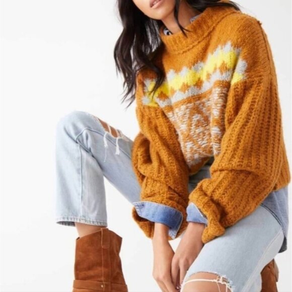 Free People "Alpine" Mock Neck Sweater in "Cinnamon Toast Combo" - Picture 2 of 9